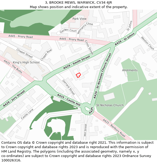 3, BROOKE MEWS, WARWICK, CV34 4JR: Location map and indicative extent of plot