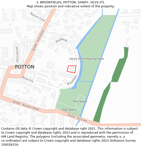 3, BROOKFIELDS, POTTON, SANDY, SG19 2TL: Location map and indicative extent of plot