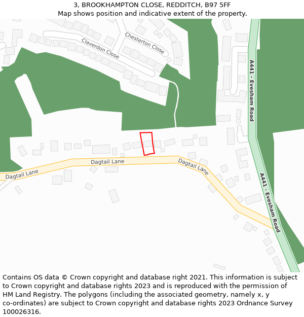 3, BROOKHAMPTON CLOSE, REDDITCH, B97 5FF: Location map and indicative extent of plot