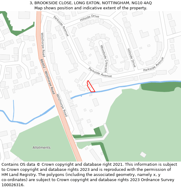 3, BROOKSIDE CLOSE, LONG EATON, NOTTINGHAM, NG10 4AQ: Location map and indicative extent of plot