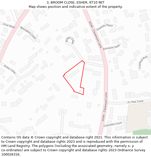 3, BROOM CLOSE, ESHER, KT10 9ET: Location map and indicative extent of plot