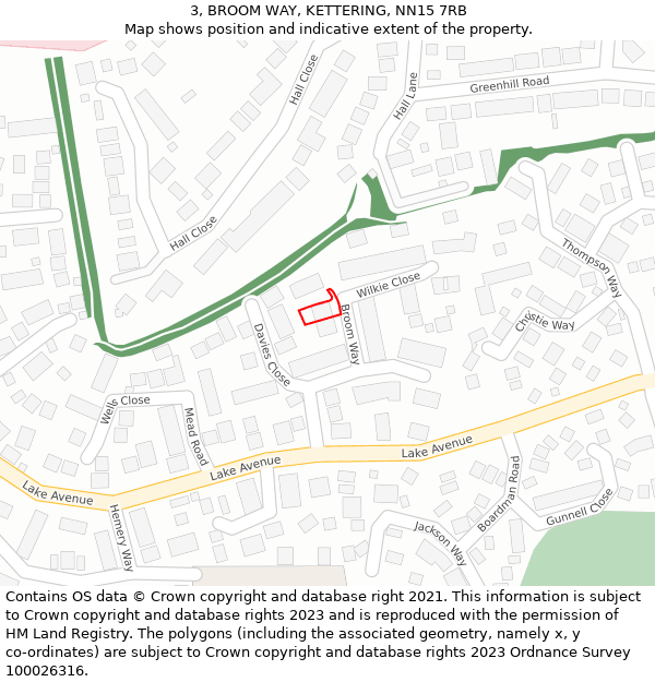 3, BROOM WAY, KETTERING, NN15 7RB: Location map and indicative extent of plot