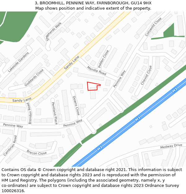 3, BROOMHILL, PENNINE WAY, FARNBOROUGH, GU14 9HX: Location map and indicative extent of plot