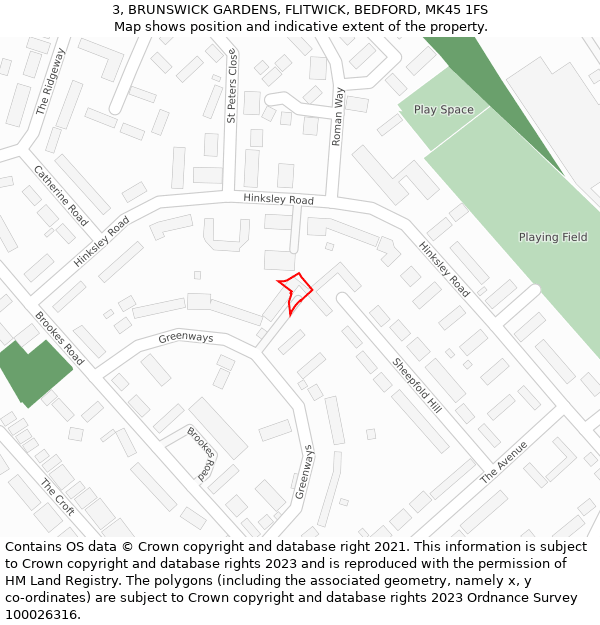 3, BRUNSWICK GARDENS, FLITWICK, BEDFORD, MK45 1FS: Location map and indicative extent of plot