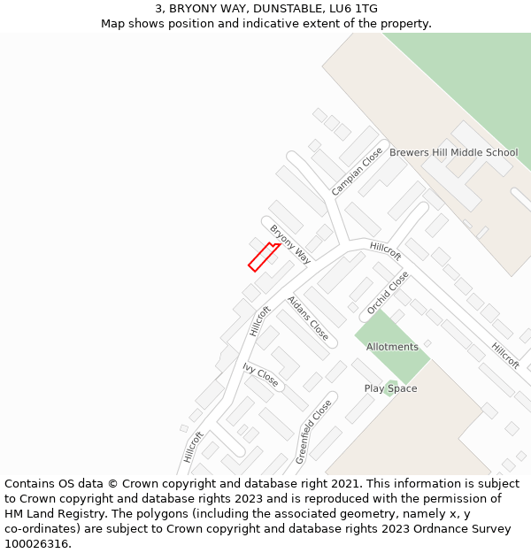 3, BRYONY WAY, DUNSTABLE, LU6 1TG: Location map and indicative extent of plot