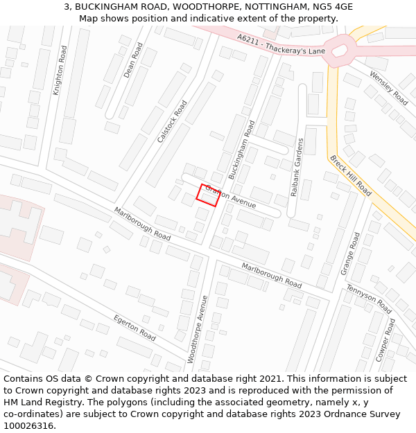 3, BUCKINGHAM ROAD, WOODTHORPE, NOTTINGHAM, NG5 4GE: Location map and indicative extent of plot