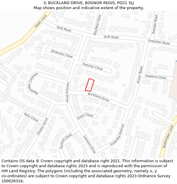 3, BUCKLAND DRIVE, BOGNOR REGIS, PO21 3LJ: Location map and indicative extent of plot