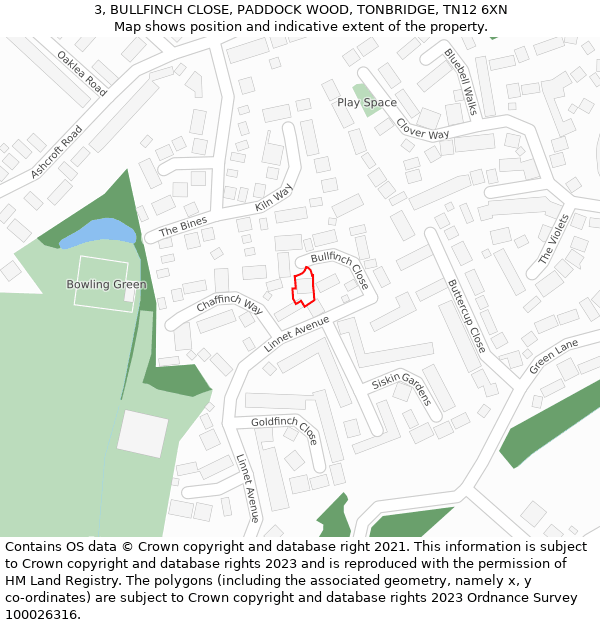 3, BULLFINCH CLOSE, PADDOCK WOOD, TONBRIDGE, TN12 6XN: Location map and indicative extent of plot