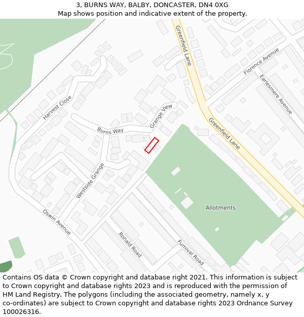 3, BURNS WAY, BALBY, DONCASTER, DN4 0XG: Location map and indicative extent of plot