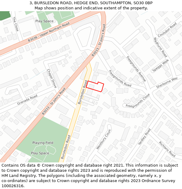 3, BURSLEDON ROAD, HEDGE END, SOUTHAMPTON, SO30 0BP: Location map and indicative extent of plot