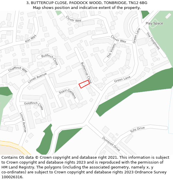 3, BUTTERCUP CLOSE, PADDOCK WOOD, TONBRIDGE, TN12 6BG: Location map and indicative extent of plot