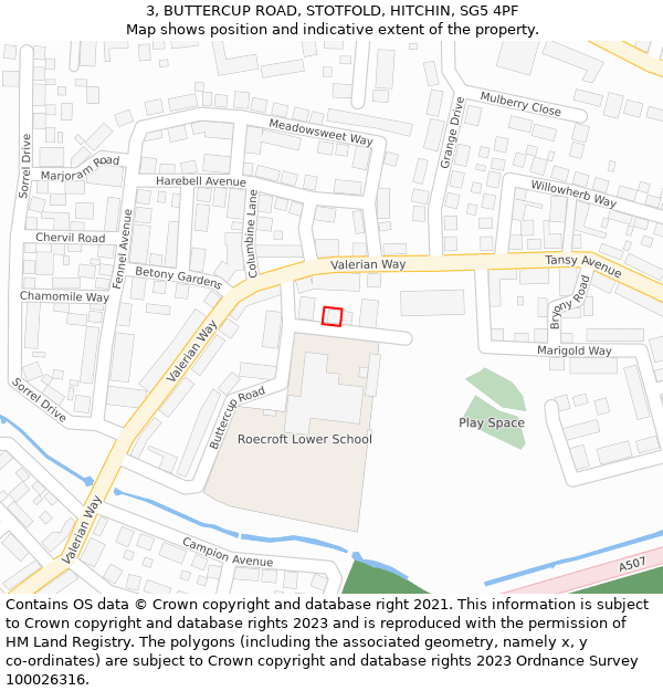 3, BUTTERCUP ROAD, STOTFOLD, HITCHIN, SG5 4PF: Location map and indicative extent of plot