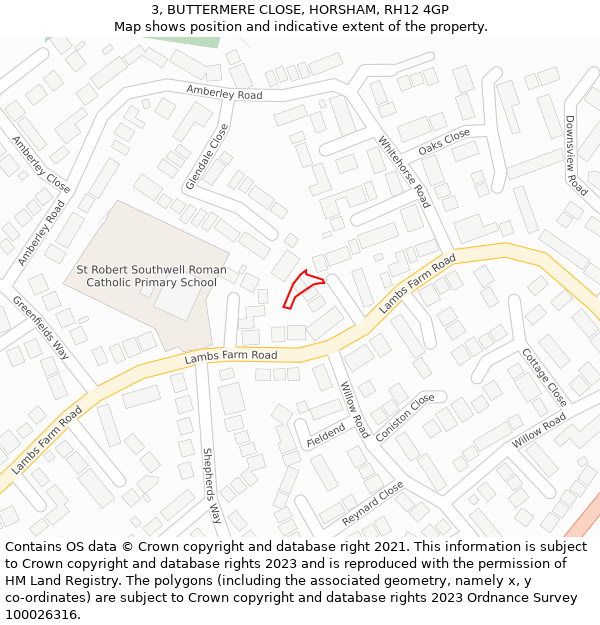 3, BUTTERMERE CLOSE, HORSHAM, RH12 4GP: Location map and indicative extent of plot