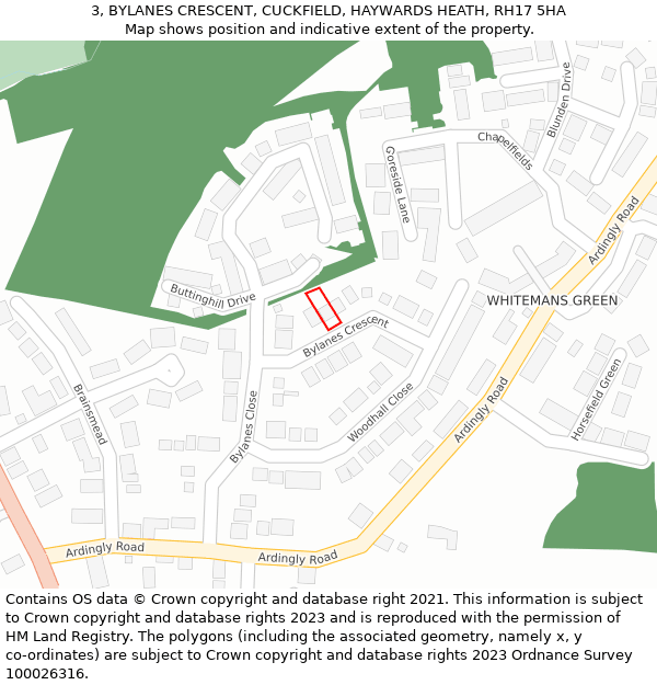 3, BYLANES CRESCENT, CUCKFIELD, HAYWARDS HEATH, RH17 5HA: Location map and indicative extent of plot