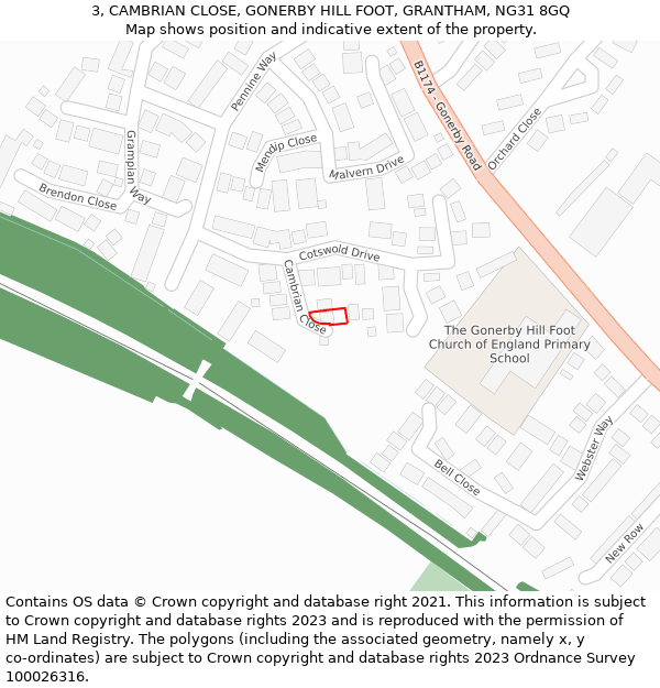 3, CAMBRIAN CLOSE, GONERBY HILL FOOT, GRANTHAM, NG31 8GQ: Location map and indicative extent of plot