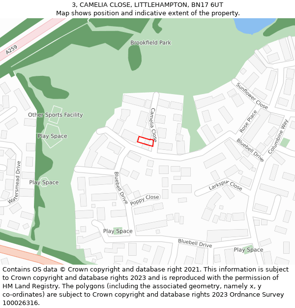 3, CAMELIA CLOSE, LITTLEHAMPTON, BN17 6UT: Location map and indicative extent of plot
