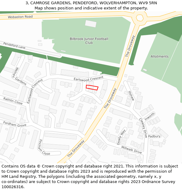 3, CAMROSE GARDENS, PENDEFORD, WOLVERHAMPTON, WV9 5RN: Location map and indicative extent of plot