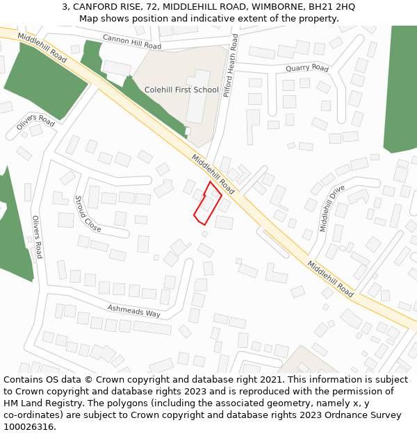 3, CANFORD RISE, 72, MIDDLEHILL ROAD, WIMBORNE, BH21 2HQ: Location map and indicative extent of plot
