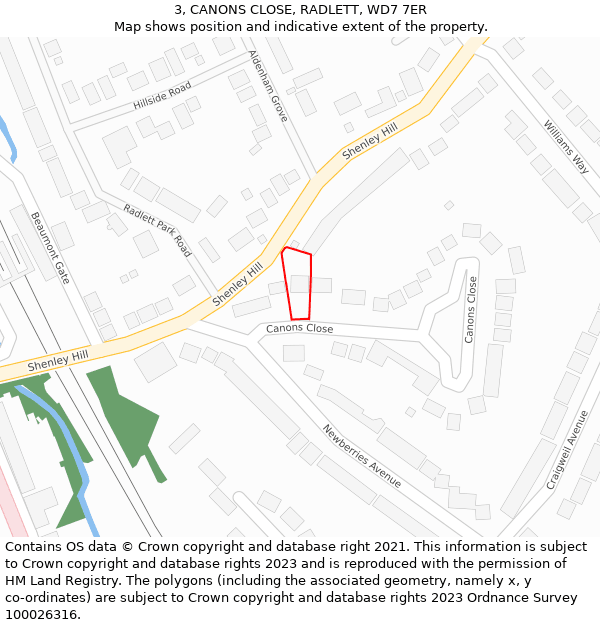 3, CANONS CLOSE, RADLETT, WD7 7ER: Location map and indicative extent of plot