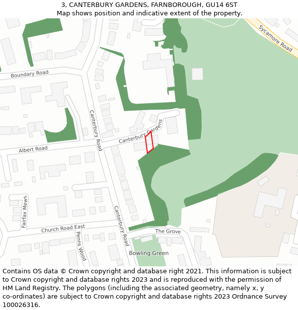 3, CANTERBURY GARDENS, FARNBOROUGH, GU14 6ST: Location map and indicative extent of plot