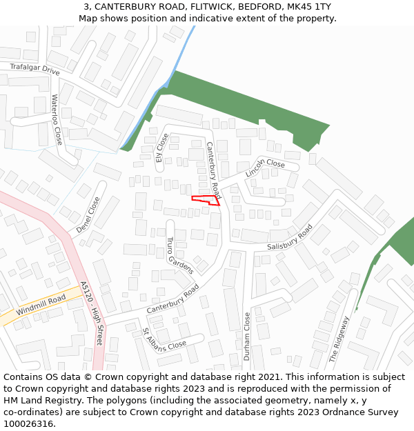 3, CANTERBURY ROAD, FLITWICK, BEDFORD, MK45 1TY: Location map and indicative extent of plot