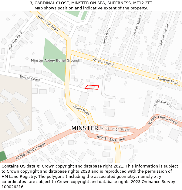 3, CARDINAL CLOSE, MINSTER ON SEA, SHEERNESS, ME12 2TT: Location map and indicative extent of plot