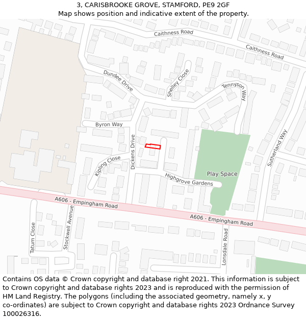 3, CARISBROOKE GROVE, STAMFORD, PE9 2GF: Location map and indicative extent of plot