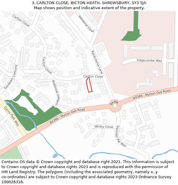 3, CARLTON CLOSE, BICTON HEATH, SHREWSBURY, SY3 5JA: Location map and indicative extent of plot