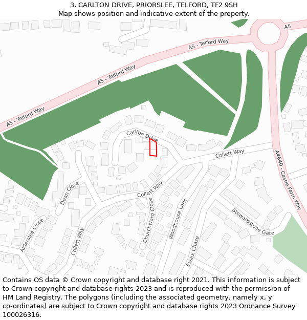 3, CARLTON DRIVE, PRIORSLEE, TELFORD, TF2 9SH: Location map and indicative extent of plot