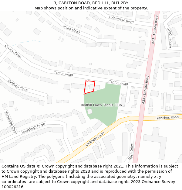 3, CARLTON ROAD, REDHILL, RH1 2BY: Location map and indicative extent of plot