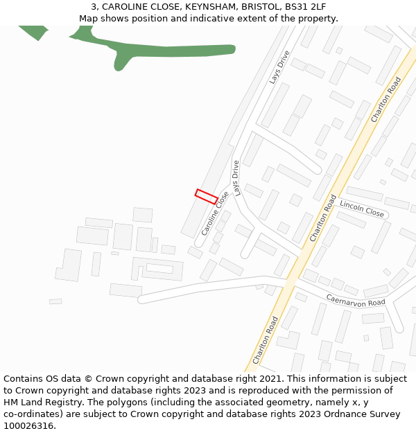 3, CAROLINE CLOSE, KEYNSHAM, BRISTOL, BS31 2LF: Location map and indicative extent of plot