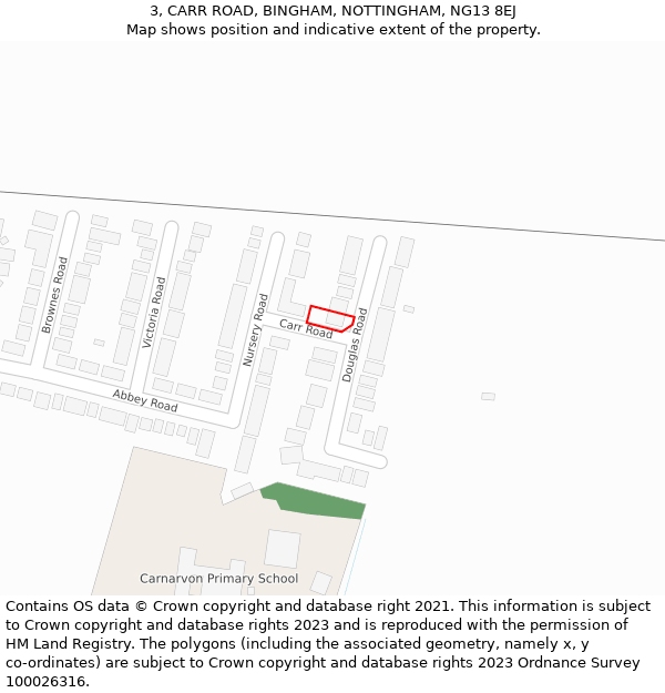 3, CARR ROAD, BINGHAM, NOTTINGHAM, NG13 8EJ: Location map and indicative extent of plot