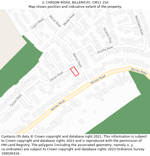 3, CARSON ROAD, BILLERICAY, CM11 1SA: Location map and indicative extent of plot