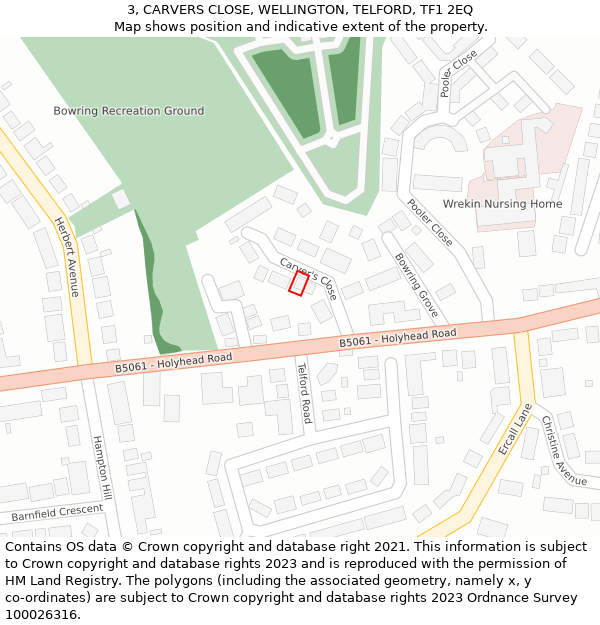 3, CARVERS CLOSE, WELLINGTON, TELFORD, TF1 2EQ: Location map and indicative extent of plot