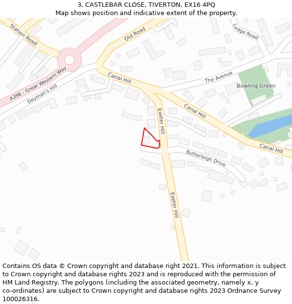 3, CASTLEBAR CLOSE, TIVERTON, EX16 4PQ: Location map and indicative extent of plot