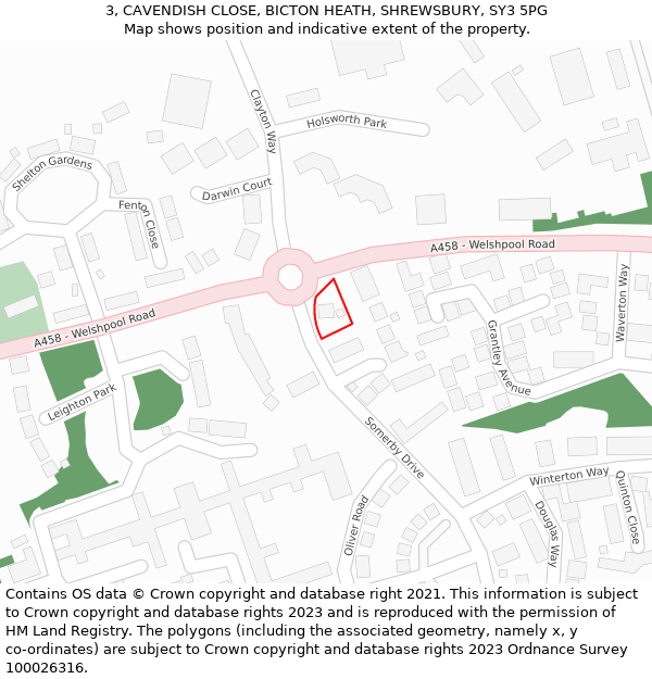 3, CAVENDISH CLOSE, BICTON HEATH, SHREWSBURY, SY3 5PG: Location map and indicative extent of plot