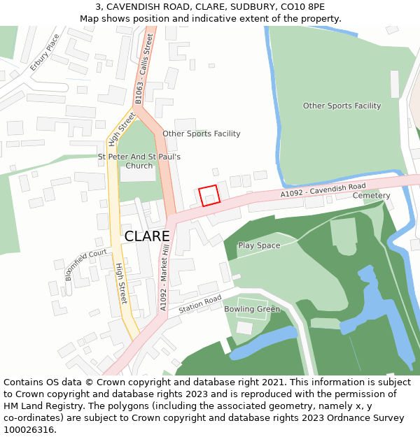 3, CAVENDISH ROAD, CLARE, SUDBURY, CO10 8PE: Location map and indicative extent of plot