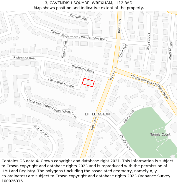 3, CAVENDISH SQUARE, WREXHAM, LL12 8AD: Location map and indicative extent of plot