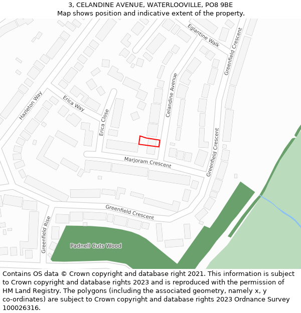 3, CELANDINE AVENUE, WATERLOOVILLE, PO8 9BE: Location map and indicative extent of plot