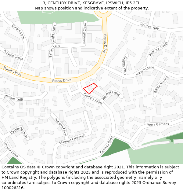 3, CENTURY DRIVE, KESGRAVE, IPSWICH, IP5 2EL: Location map and indicative extent of plot