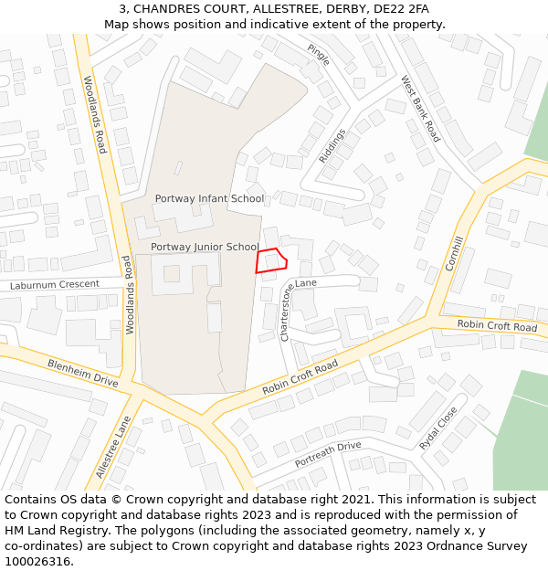 3, CHANDRES COURT, ALLESTREE, DERBY, DE22 2FA: Location map and indicative extent of plot