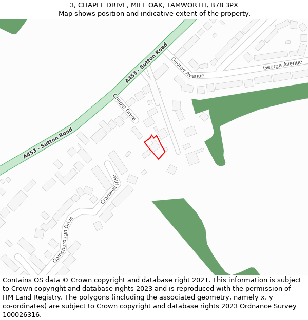 3, CHAPEL DRIVE, MILE OAK, TAMWORTH, B78 3PX: Location map and indicative extent of plot