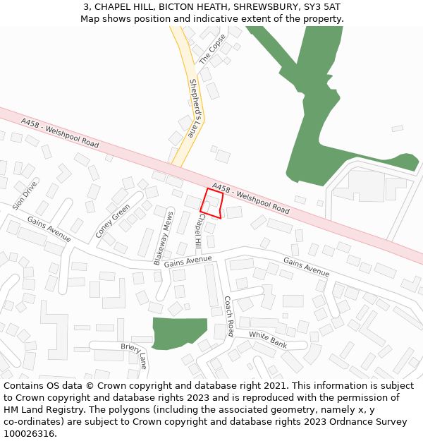 3, CHAPEL HILL, BICTON HEATH, SHREWSBURY, SY3 5AT: Location map and indicative extent of plot