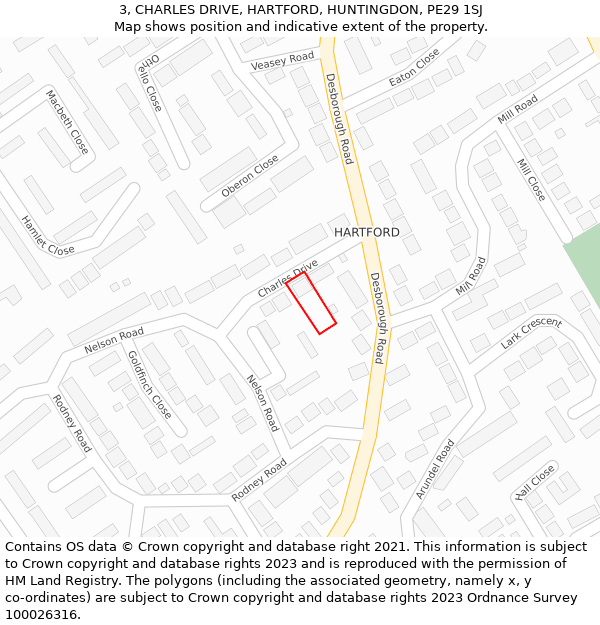 3, CHARLES DRIVE, HARTFORD, HUNTINGDON, PE29 1SJ: Location map and indicative extent of plot