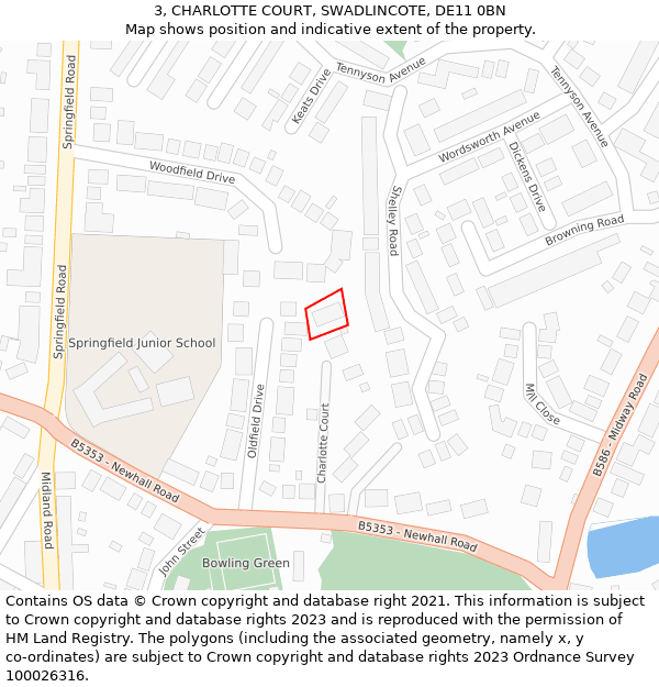 3, CHARLOTTE COURT, SWADLINCOTE, DE11 0BN: Location map and indicative extent of plot