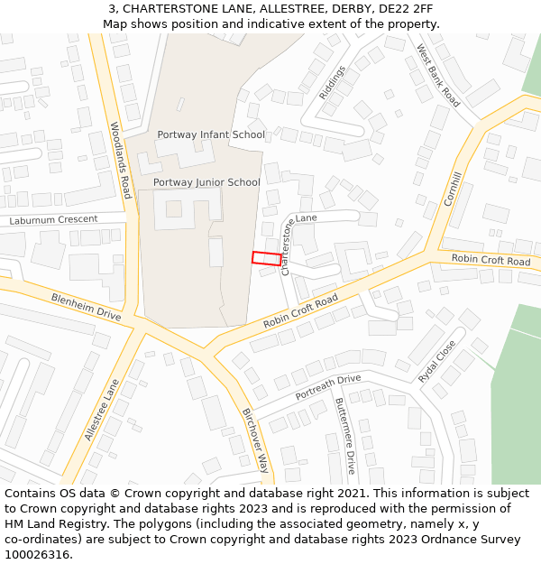 3, CHARTERSTONE LANE, ALLESTREE, DERBY, DE22 2FF: Location map and indicative extent of plot