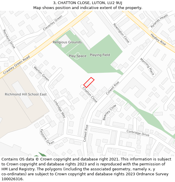 3, CHATTON CLOSE, LUTON, LU2 9UJ: Location map and indicative extent of plot