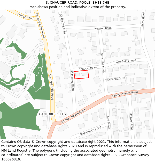 3, CHAUCER ROAD, POOLE, BH13 7HB: Location map and indicative extent of plot