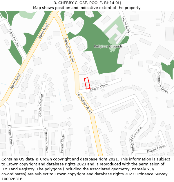 3, CHERRY CLOSE, POOLE, BH14 0LJ: Location map and indicative extent of plot