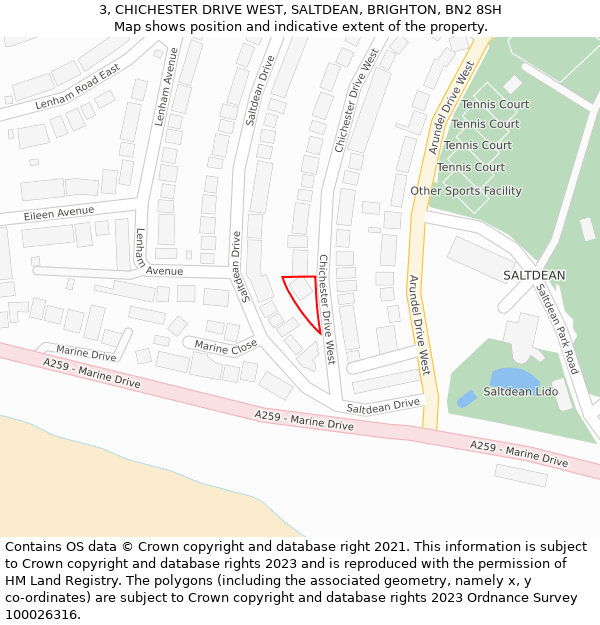 3, CHICHESTER DRIVE WEST, SALTDEAN, BRIGHTON, BN2 8SH: Location map and indicative extent of plot